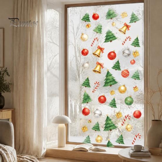 PVC Window Cling Christmas Static Cling, Xmas Tree Snowman Santa Hat Bell Waterproof Glass Sticker, Removable Reusable Decoration Decal for