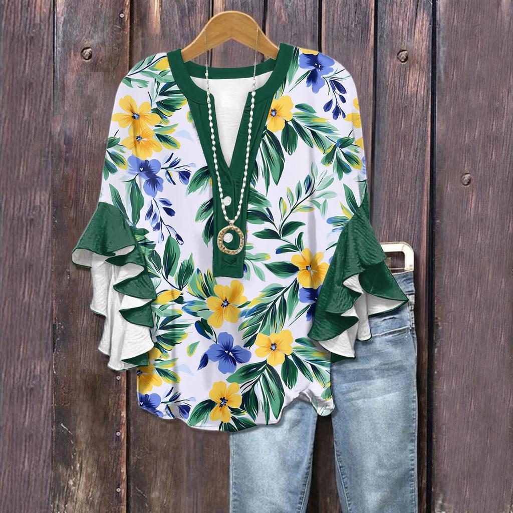 Summer Tops For Women Cute V Neck 3/4 Sleeve Blouses Floral Print Top Casual Shirts
