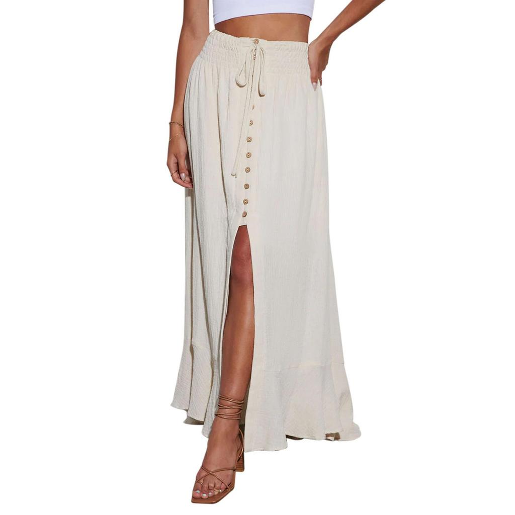 Women's Elastic Waist Tie Button Maxi Dress Casual Loose Flowy Front Slit Skirt