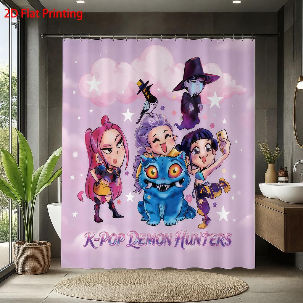 1pc K-Pop Demon Hunters Print Waterproof Shower Bathroom Partition Privacy Hanging Curtain with 12 Hooks Easy Installation