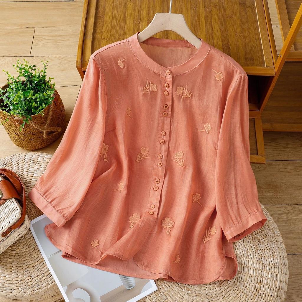 Retro Cotton and Linen Embroidered Shirt Women's Summer Western Style Thin Linen Small Shirt Three-quarter Sleeve Top