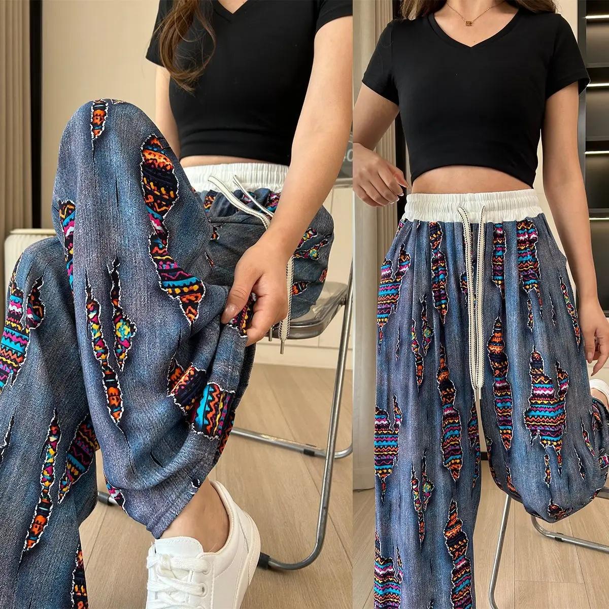 

Удобные свободные хлопковые брюки с широкими штанинами, женские повседневные летние длинные брюки, драпирующиеся до пола, прямые брюки L