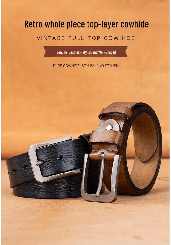 Men's Retro Vegetable-Tanned Leather Belt - Genuine Cowhide, Handmade, Casual Versatile Style