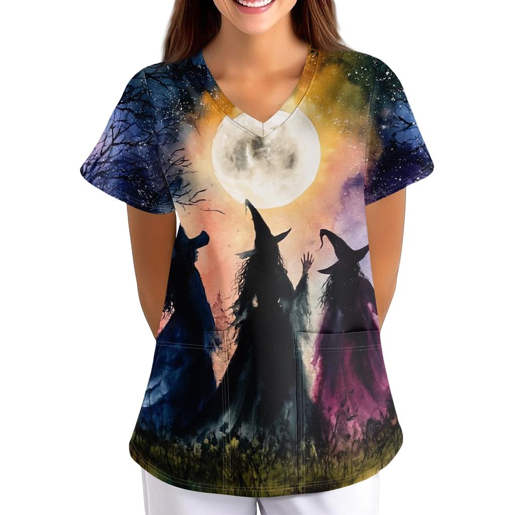 Women's V-Neck Short Sleeve Work Shirt with Pockets Halloween Print Scrub Top for Caregiver Uniform
