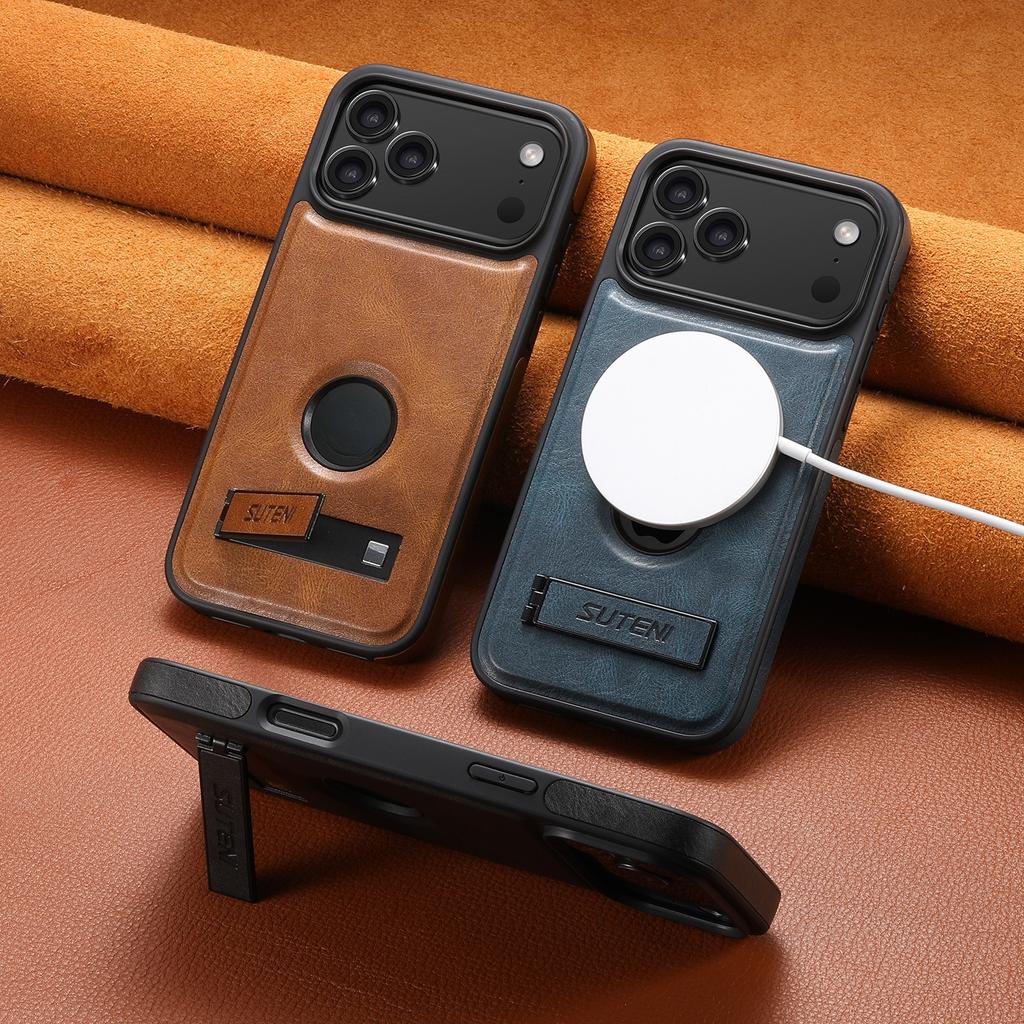 Vintage Oil Wax Leather Phone Case for iPhone 17 Pro Max Air 16 Plus 15 14 13 12 Pro Invisible Bracket Magnetic Charging Cover