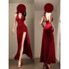 Summer French-Style Red Dress for Women, Slim-Fit Gown with a Flattering Waist, Elegant Slit Dress, Long Dress