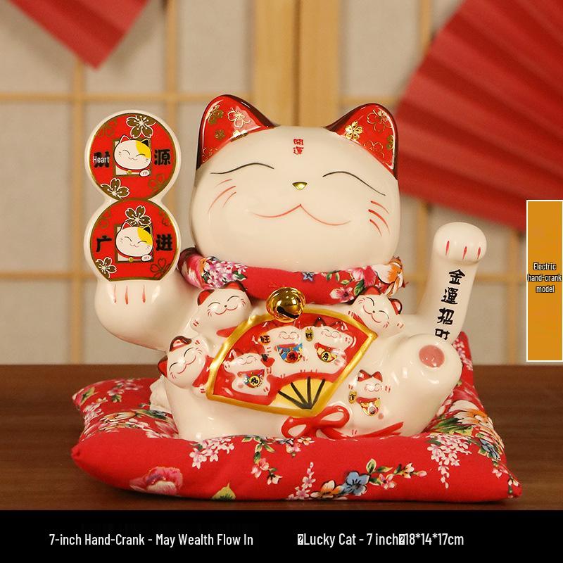 Electric Waving Lucky Cat Ceramic Ornament for Home, Living Room, Shop, or Cashier Desk.