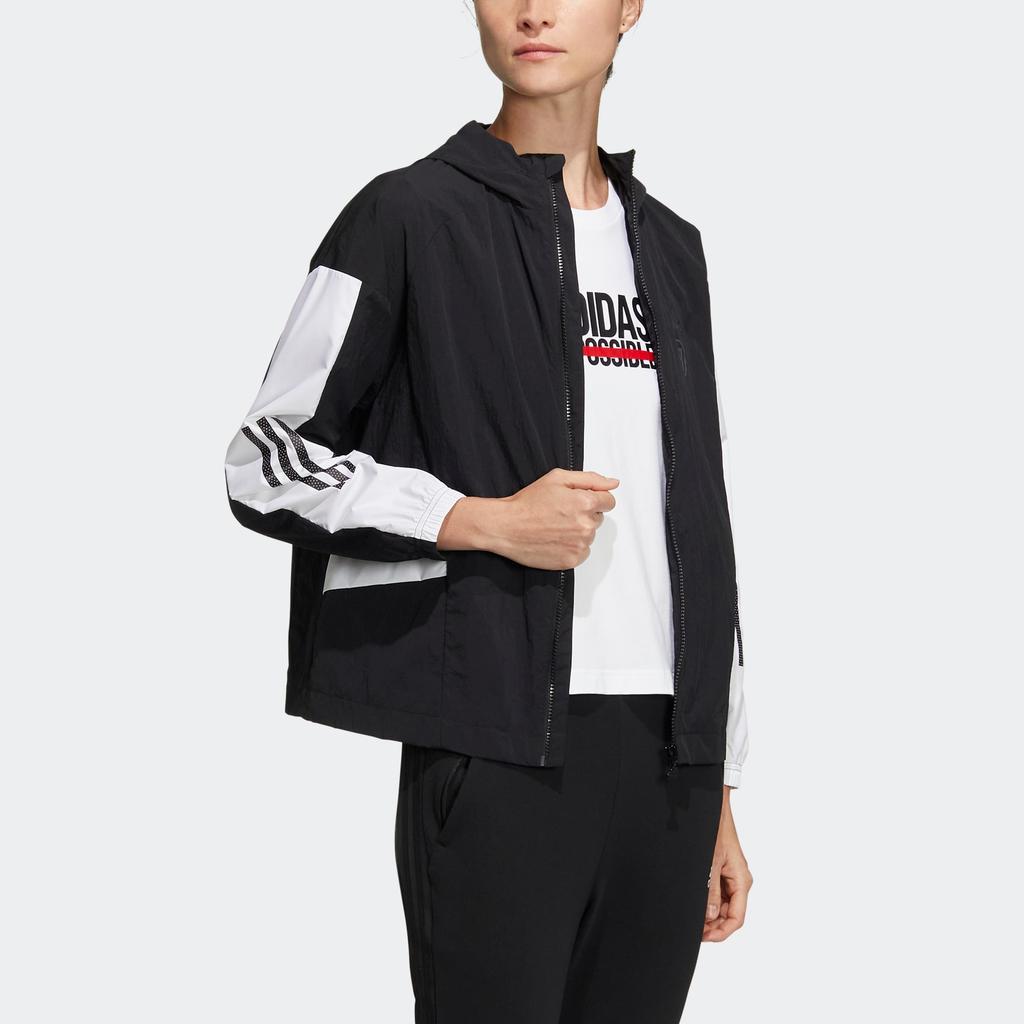 Adidas Sportovní mikina s kapucí s barevným blokováním a potiskem loga Dámské svrchní oblečení Černá HM5276