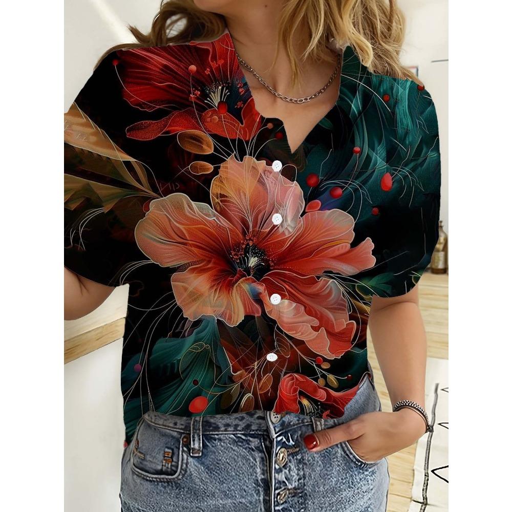 Hawaiian Womens Shirts Short Sleeve Button Floral rose 3D Printed Casual Beach Shirt Summer s unflower Blouse Women's Clothes