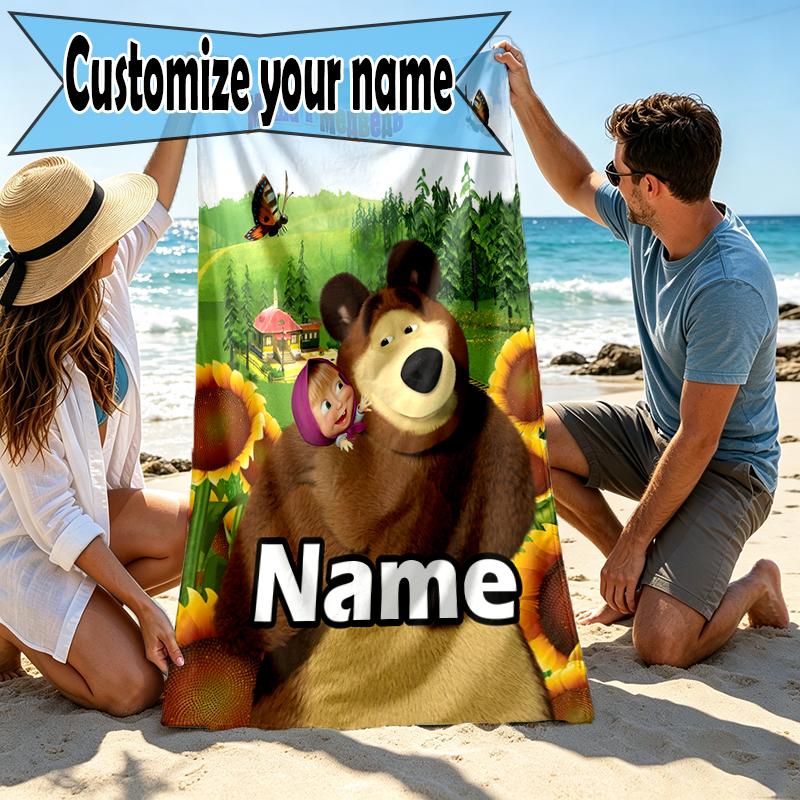 Custom Name Personalized Masha and The Bear Print Beach Towel, for Trip Camping Beach Party Home Decor, Birthday Gift for Family & Friends