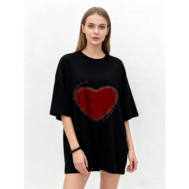 Oversized T Shirt Black Romantic Heart Print Graphic Tee Casual Wear for Women