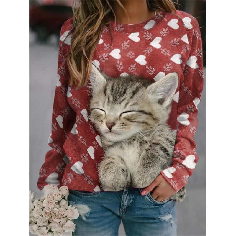 Heißer Verkauf Frühling Lässig Tier Kätzchen Bedruckt Langarm Rundhals T-Shirt