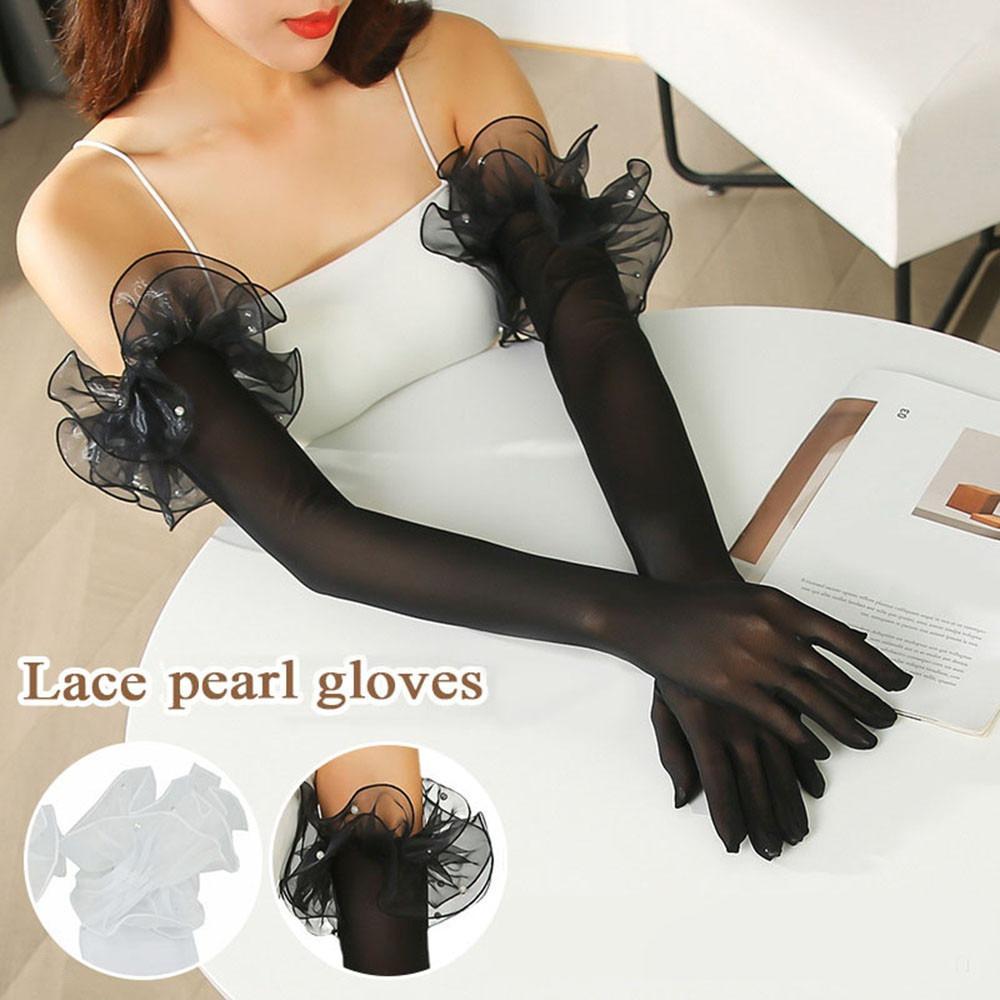 Elastic Women Long Mittens Wedding Dress Bridal Mesh Gloves Solid Lace Sleeves Gloves  Christmas