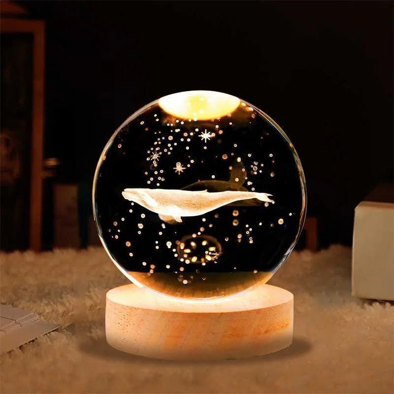 Whale 3D Crystal Ball Night Light with Wooden Base - LED USB Table Lamp for Kids, Teens, and Home Decor
