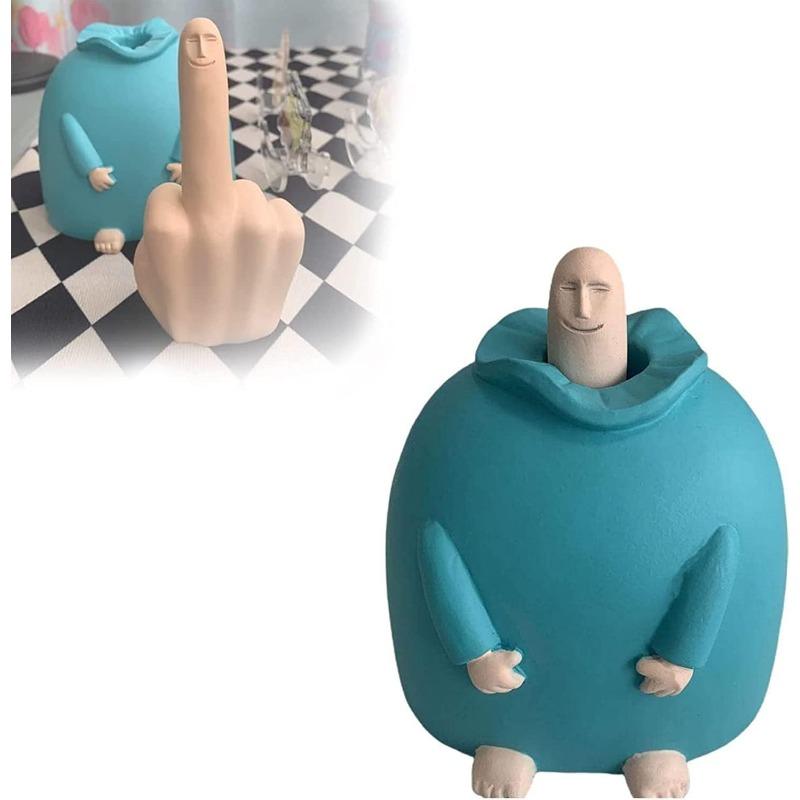 Funny Smiling Middle Finger Statue Ornaments, Novelty Resin Finger Man Sculpture Decorations, Quirky Middle Finger Hand Statue for Table Shelf Office синий
