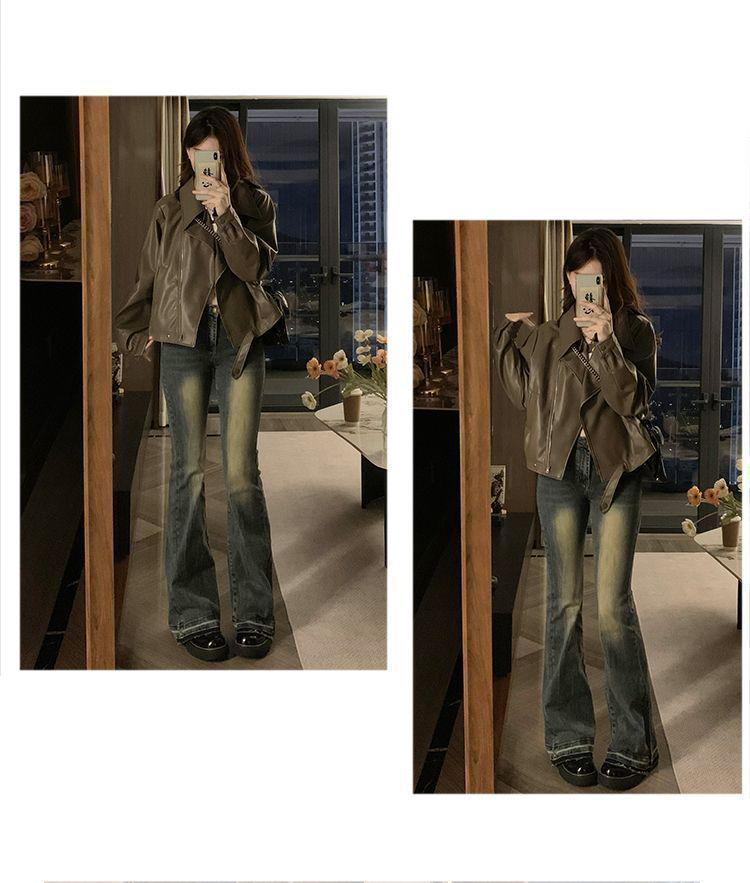 Women's Slimming PU Leather Jacket - Spring/Autumn, Lapel, Petite and Versatile Fashion