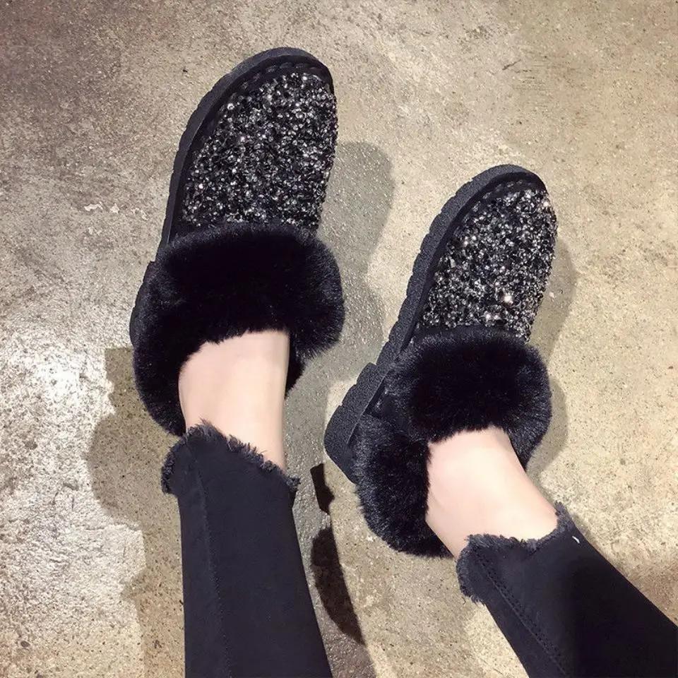 Womens Snow Boots Sexy Round Toe Shoes for Women Rhinestone Elegant with Low Heels Plus Warm Y2k Anti Skid On Promotion Gyaru Pu