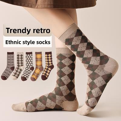 Autumn and Winter Retro Socks, Women's Ethnic Style Socks, Thousand Bird Checks, Diamond Checks, Pile Socks, Mid-calf Socks Trend