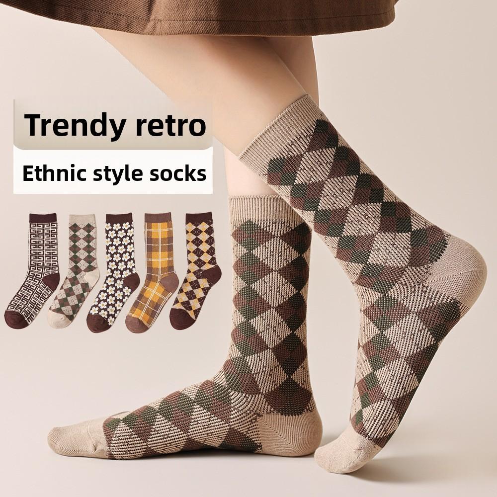 Autumn and Winter Retro Socks, Women's Ethnic Style Socks, Thousand Bird Checks, Diamond Checks, Pile Socks, Mid-calf Socks Trend