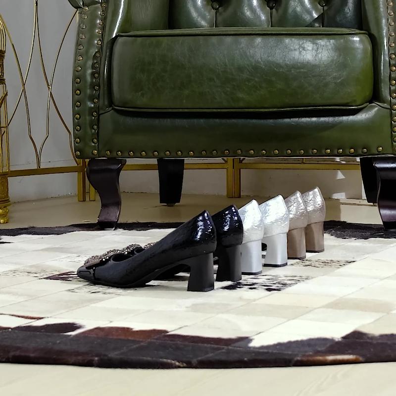 Fashion Banquet Thick Heel Women's Shoes Color-Blocked Square Toe Light Mouth Sparkling Metal Buckle High Heels Single Shoes