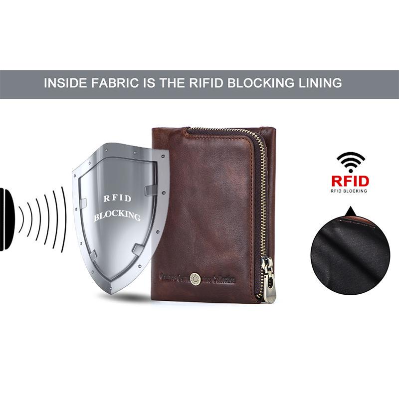 CONTACT'S New Small Wallet Men Crazy Horse Wallets Zipper Coin Purse Quality Short Male Money Bag Rifd Genuine Leather Card Wallet