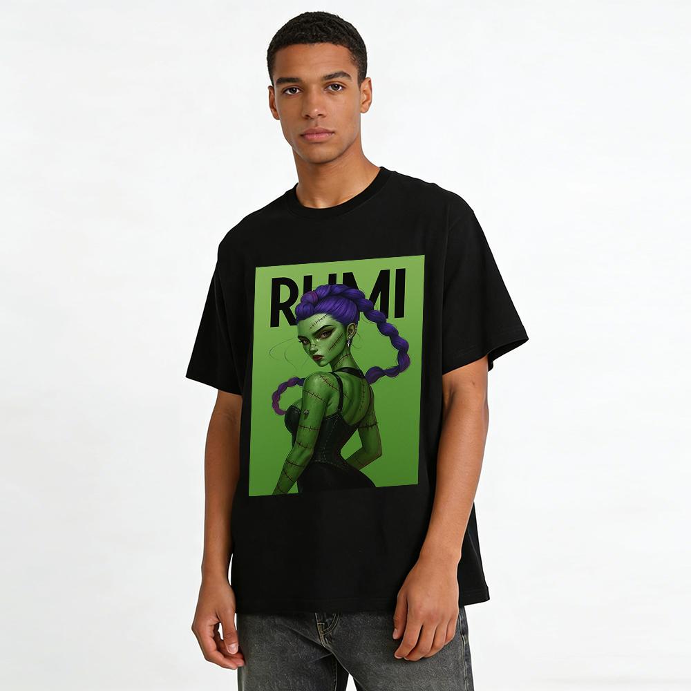Frankenstein-Inspired Rumi Print Top Cool Stitch Pattern Green Skin Purple Braid Edgy Casual T-Shirt Pure Cotton T-shirt