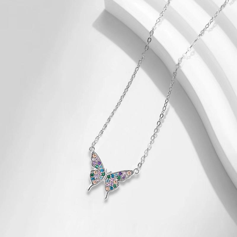 925 Sterling Silver Gradient Butterfly Necklace with Colorful Zircon Pendant for Women