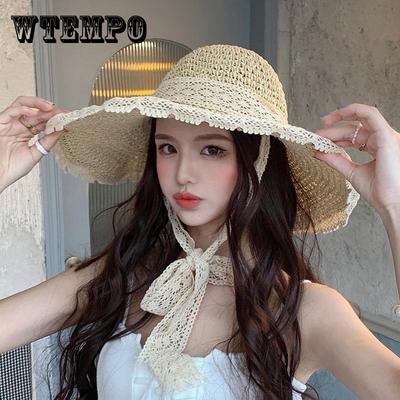 Chic Summer Lace Straw Sun Hat for Women - Breathable, UV Protection, Foldable Beach Cap with Drawstring Closure