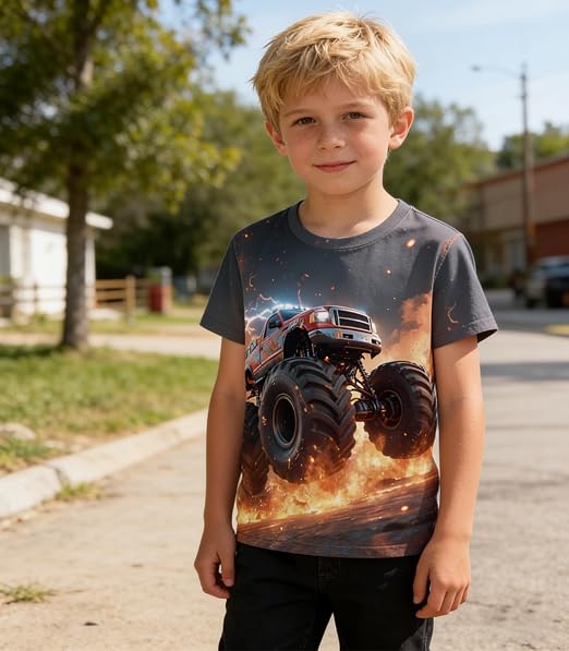Little Hand Boy T-Shirt 3D Graphic Shirt Monster Truck Print Crewneck Cool Short Sleeve Shirt for 3-10 Years