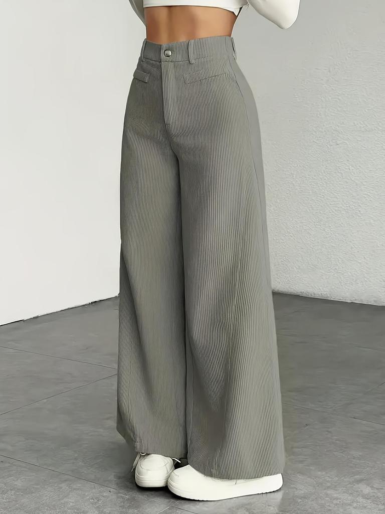Pantaloni da Donna a Vita Alta a Gamba Larga, Pantaloni Casual Basici con Dettaglio Bottone, Grigio Uniforme