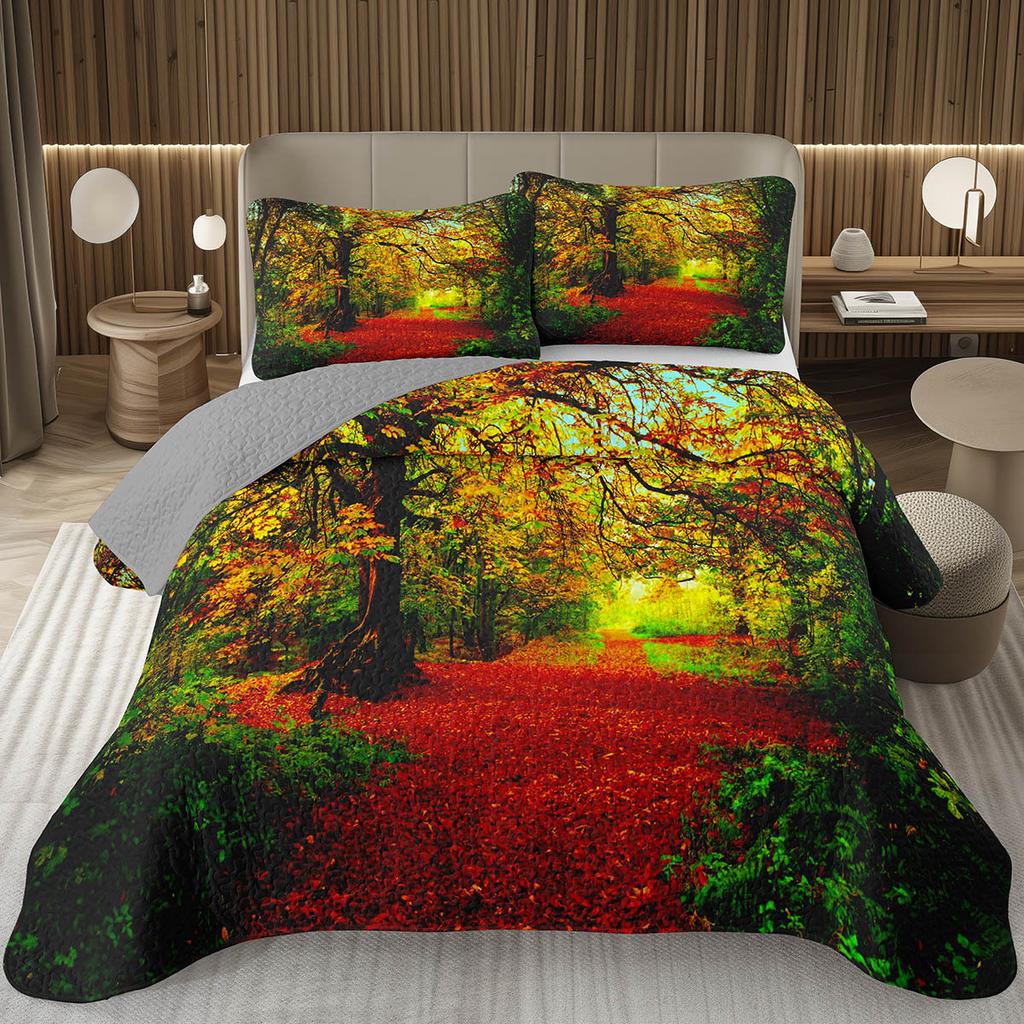 Fall Leaves Bedspread Set Queen/Twin, Autumn Maple Leaf Quilt Set, Soft Lightweight Botanical Coverlet, Rustic Farmhouse Bedding