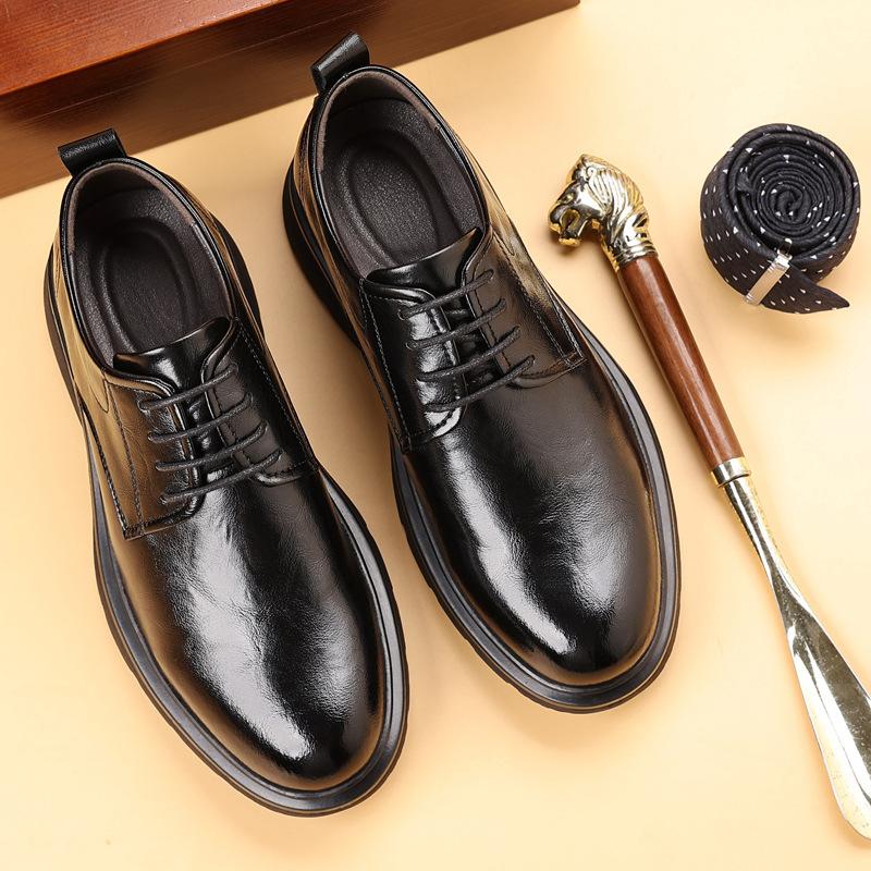 Low-top black leather shoes men's autumn retro round head dress business men's shoes young men's leather shoes