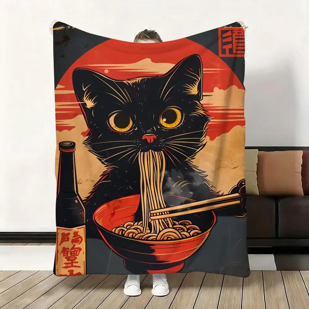 Black Cat Ramen Soft Flannel Blanket  Oversized Warm SkinFriendly Throw for Sofa Bed Office Travel  Winter Comfort