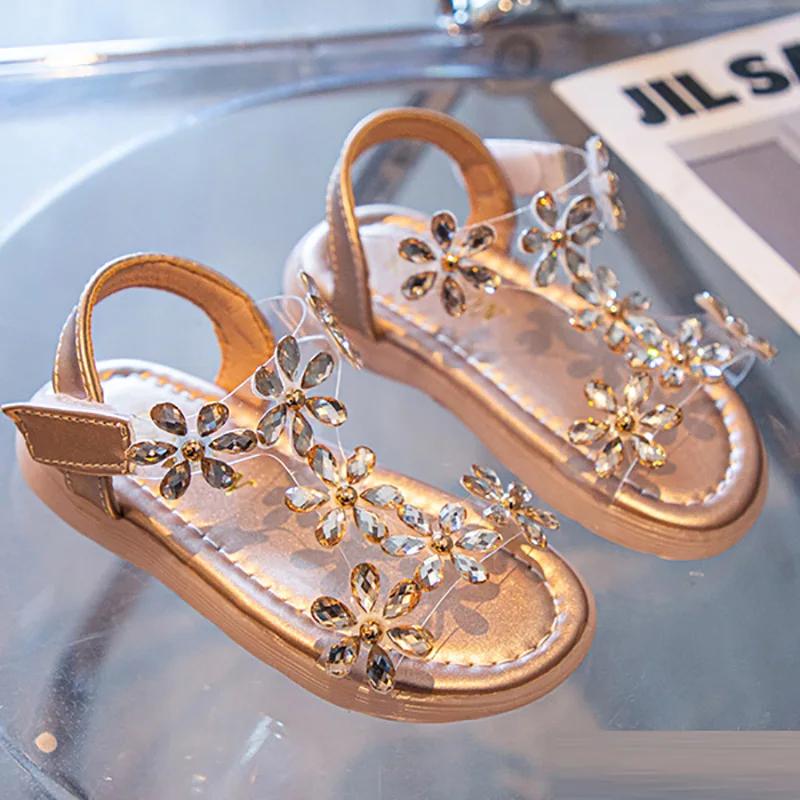 

2024 Summer Girls Sandals Flower Crystal Princess Shoes Kids Fashion Rhinestone Beach Shoes Children Anti-slip Ankle Strap Shoes 26insole16cm шампанского