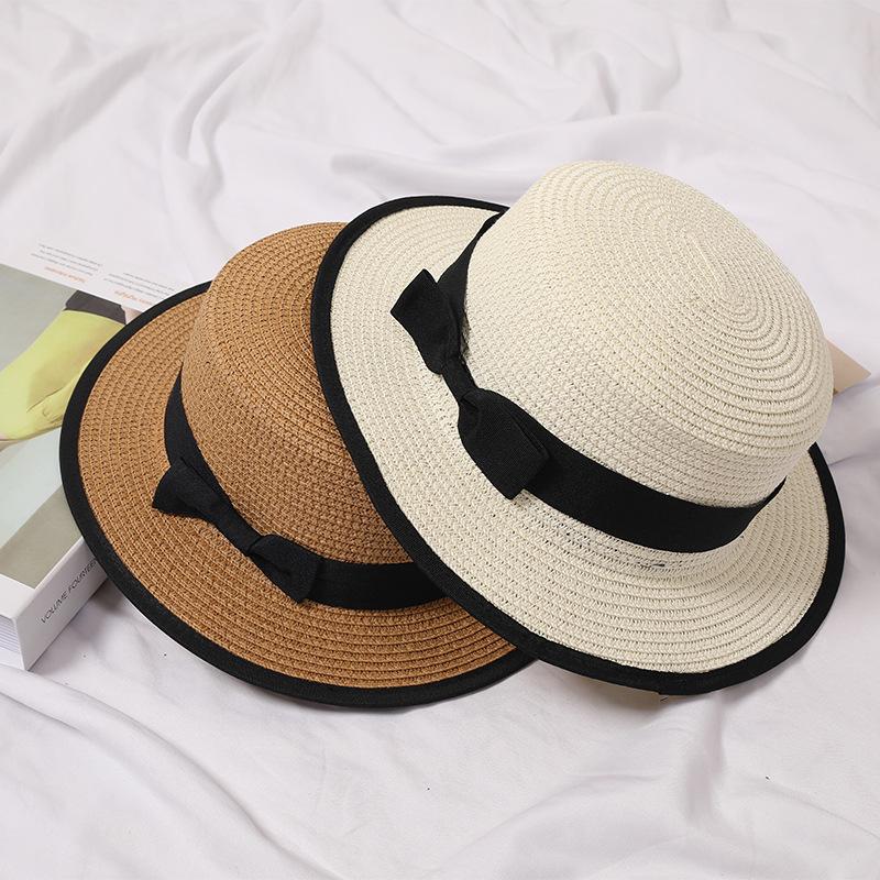 Summer new hat women's small fresh top hat bow flat top hemming straw hat outdoor sunshade sun protection beach hat
