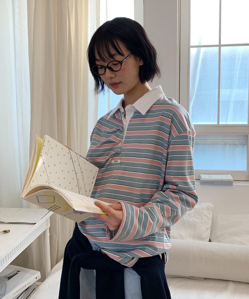 RONRON Double Shirring Stripe Collar Long Sleeve Pink