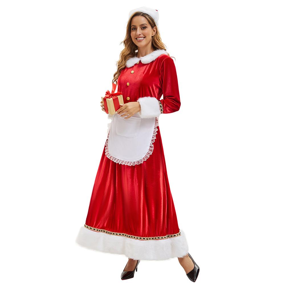 Weihnachts-Karnevalskleid für Damen - Erwachsenen-Nikolauskostüm (Kleid+Schürze+Hut), Bequemes festliches Outfit