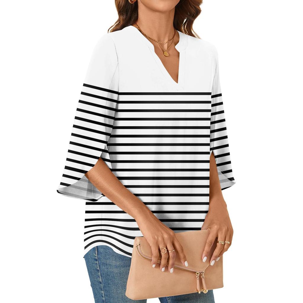 Womens Tops 3/4 Tiered Bell Sleeve V Neck Stripes Printed  Blouses Work Tunic Shirts