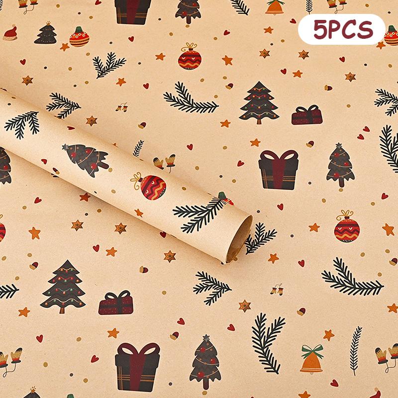 

5 шт. Різдвяний пакувальний папір, Підходить для заводського використання, Ідеально для пакування Подарунків на рік, Подарунків на день народження, Подарункових коробок