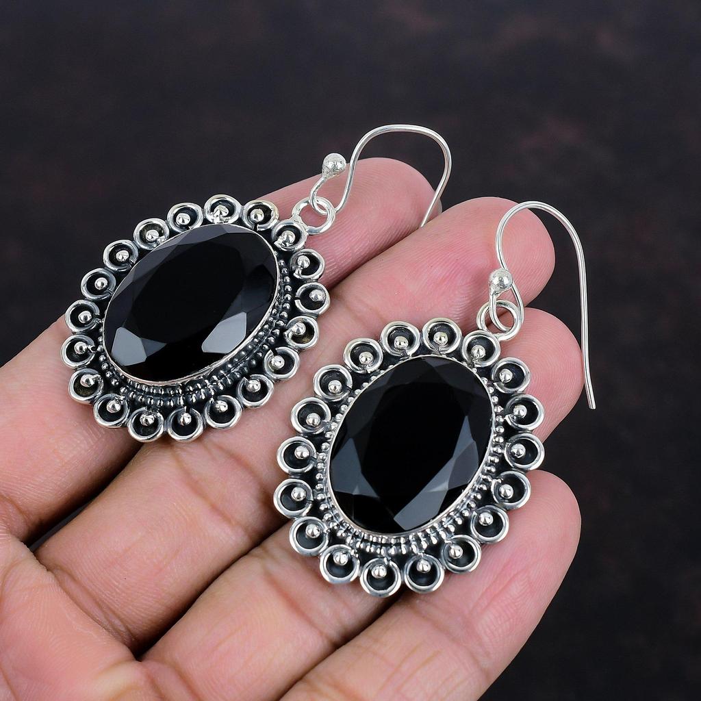 Faceted Black Onyx Earrings 925 Sterling Silver Earring Handmade Earrings Black Onyx Gemstone Jewelry Anniversary Gifts Unique Style Earring