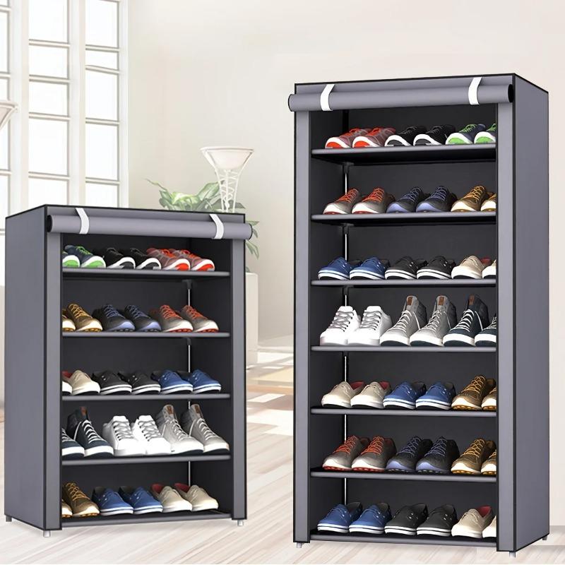 Multi-layer shoe cabinet with dust-proof rolling shutter door. Space-saving storage organizer for everyday use.
