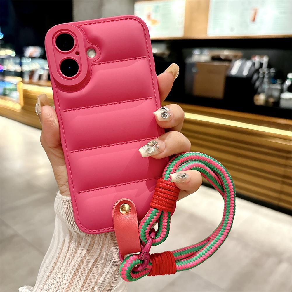Down Jacket Hand Wrist Strap Case for For Iphone 16 1 14 13 Pro Max 12 11 X Xr Xs 7 8 Plus SE Lanyard Solid Color Soft Cover