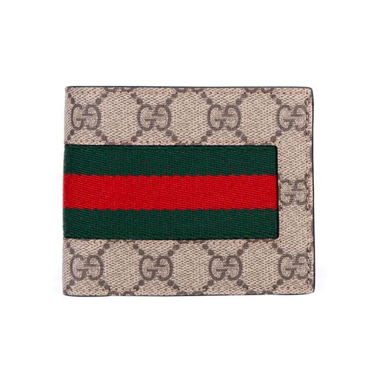 Gucci Vintage Logo Stripe Web Short Double Fold Wallet Men wallet Ebony Brown 408827-KHN4N-9791