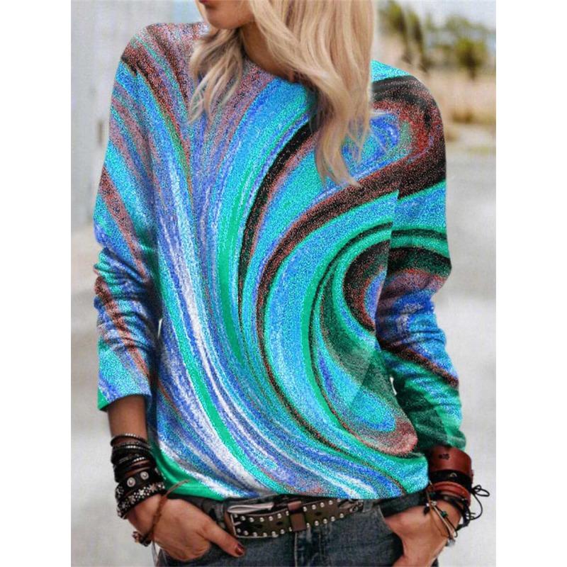 Round Neck 3D Gradient Color Printed Top Fashionable Casual Long Sleeved Women's T-shirts