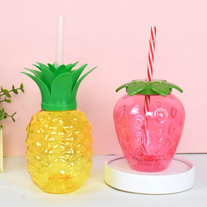 8Pcs Plastic Pineapple Cups with Straw Strawberry Drinking Cup Hawaiian Luau Party Decor Tropical Summer Beach Birthday Supplies