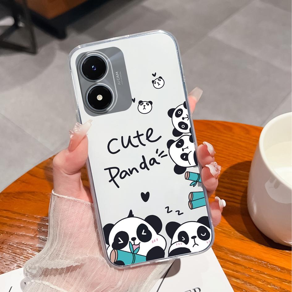 Phone Case For Vivo Y20 Y27 Y36 Y02S Y10 Y15 Y21 Y33 Cover Cute Panda Shockproof Clear Camera Protection Matte Soft Silicone Housing For Vivo Bumper