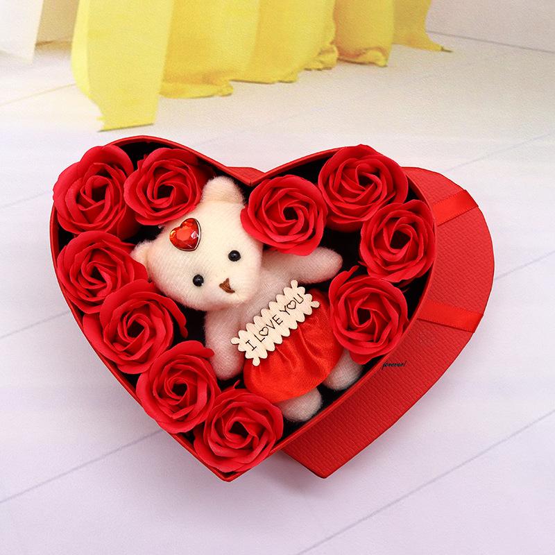 Flower Red Pink Soap Rose Love Gift Box With Bear Valentine's Day Mother's Day Anniversary Gift Wedding Party Decorations