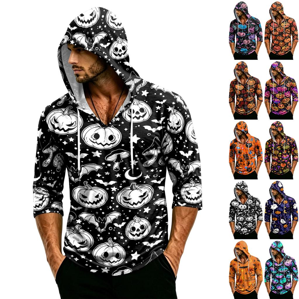Men's Loose Fit Casual Hoodie Three Quarter Sleeve Pullover Halloween Pumpkin Pattern Lightweight Breathable Top for Everyday Wear