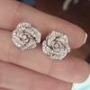Rose Flower Shape Stud Earrings Micro Paved Zircon  Silver Plated Ear Jewelry For Women Temperament Bridal Engagement Banquet