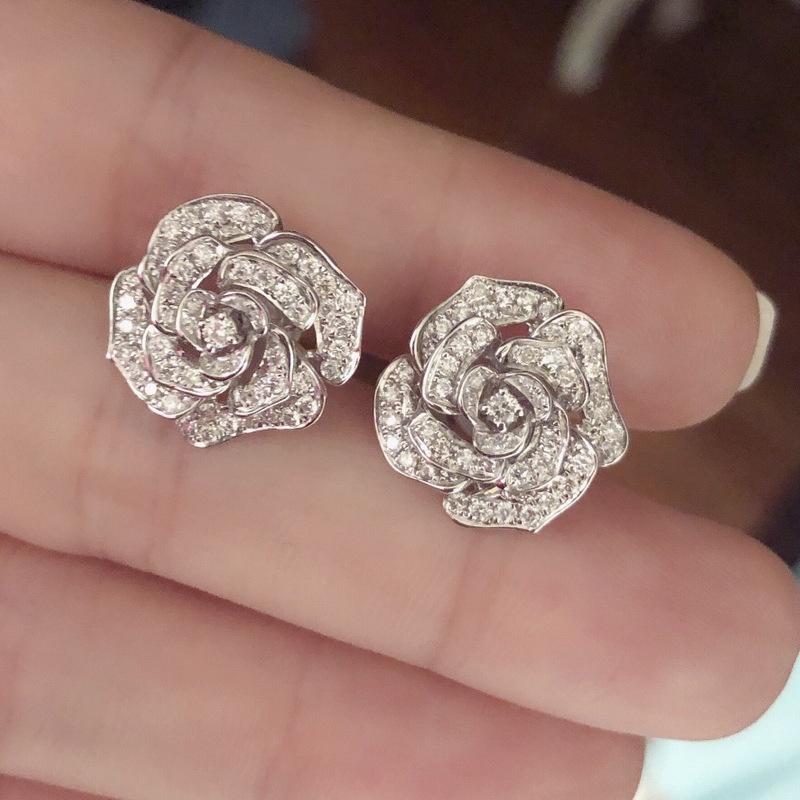 Rose Flower Shape Stud Earrings Micro Paved Zircon  Silver Plated Ear Jewelry For Women Temperament Bridal Engagement Banquet
